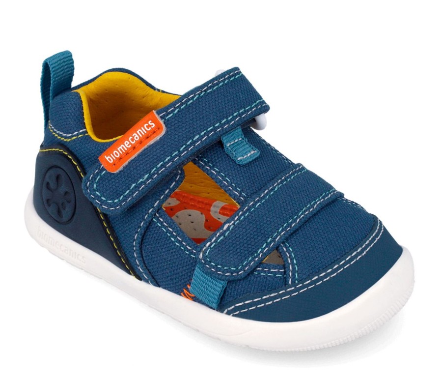 Sandalias niño Biomecanics barefoot color azul petrol y amarillo pique sandalias de loneta abierta cangrejeras Biomecanics con cierre de tira adherente calzado respetuoso muy comodo y flexible con puntera reforzada y plantilla extraible