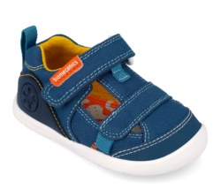 Sandalias niño Biomecanics barefoot color azul petrol y amarillo pique sandalias de loneta abierta cangrejeras Biomecanics con cierre de tira adherente calzado respetuoso muy comodo y flexible con puntera reforzada y plantilla extraible