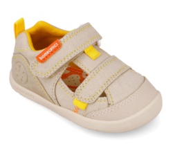 Sandalias niño Biomecanics barefoot color beige y amarillo pique sandalias de loneta abierta unisex cangrejeras Biomecanics con cierre de tira adherente calzado respetuoso muy comodo y flexible con puntera reforzada y plantilla extraible