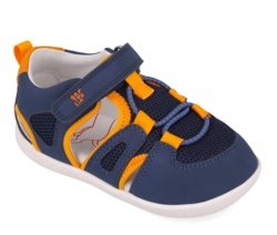 Sandalias niño Garvalin barefoot de rejilla de color azul y naranja cangrejeras de lona de calzado respetuoso de Garvalin con cierre de tira adherente y elasticos muy comodas y flexibles fabricadas por Garvalin soft and fun