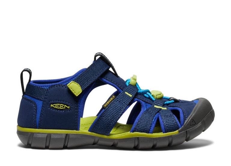 Sandalias niño Keen modelo Seacamp II CNX color naval academy chartreuse azul y lima cangrejeras Keen para trekking y todo uso muy comodas flexibles y con suela antideslizante se pueden mojar y lavar con cierre de tira adherente y elasticos