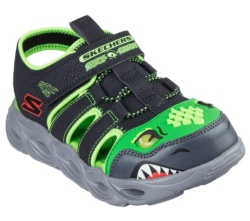 Sandalias niño Skechers HydroFlare Saurus con luces en la suela y en los ojos que se activan al caminar cangrejeras de la marca Skechers negro verde muy ligeras con cierre de tira adherente y elasticos super divertidas