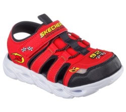 Sandalias niño Skechers HydroFlare Saurus motor machine numero 92 con luces en la suela y en los focos que se activan al caminar cangrejeras de la marca Skechers rojo y negro muy ligeras con cierre de tira adherente y elasticos super divertidas