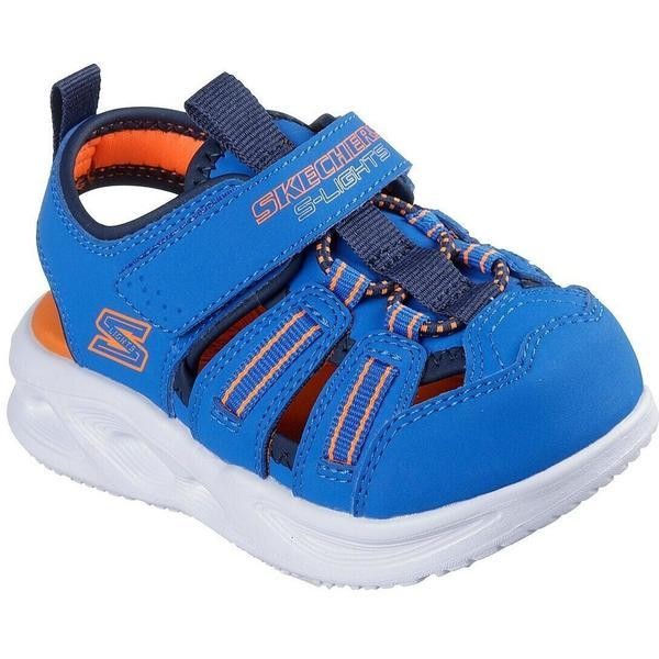 Sandalias niño Skechers modelo Hyper Coast con luces color azul y naranja sandalias de la marca Skechers col luces en la suela y cierre de tira adherente y elasticos muy comodas y ligeras con sistema easy on off powered by Skechers