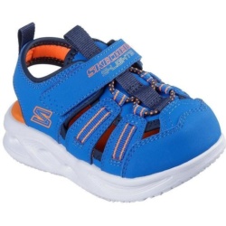 Sandalias niño Skechers modelo Hyper Coast con luces color azul y naranja sandalias de la marca Skechers col luces en la suela y cierre de tira adherente y elasticos muy comodas y ligeras con sistema easy on off powered by Skechers