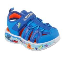 Sandalias niño Skechers modelo Play Scene Splash color azul electrico y estampado de animales marinos sandalias de la marca Skechers con cierre de tira adherente y elasticos muy comodas y ligeras con sistema easy on off designed in Los Angeles