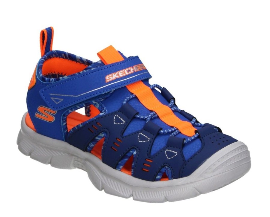 Sandalias niño Skechers modelo Relix Dual Tide color azul y naranja cangrejeras de la marca Skechers con cierre de tira adherente y elasticos muy comodas y muy ligeras con sistema easy on off lavables en lavadora y designed in Los Angeles