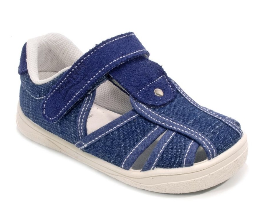 Sandalias niño Zapy barefoot modelo Johns color azul tejano calzado respetuoso de la gama Zapiflex cangrejeras Zapy de lona de dos tiras con cierre de tira adherente made in Spain muy comodas y flexibles by Zapy