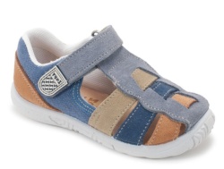 Sandalias niño Zapy color denim niquel con tres tiras en naranja azul y beige cangrejeras Zapy con cierre de velcro y plantilla de piel extraibles made in Spain muy comodas