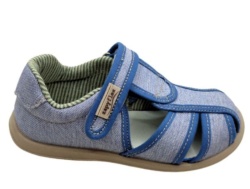 Sandalias niño barefoot Zapy modelo Sabina color azul denim calzado respetuoso vegano Zapiflex cangrejeras de lona con cierre de tira adherente made in Spain muy comodas