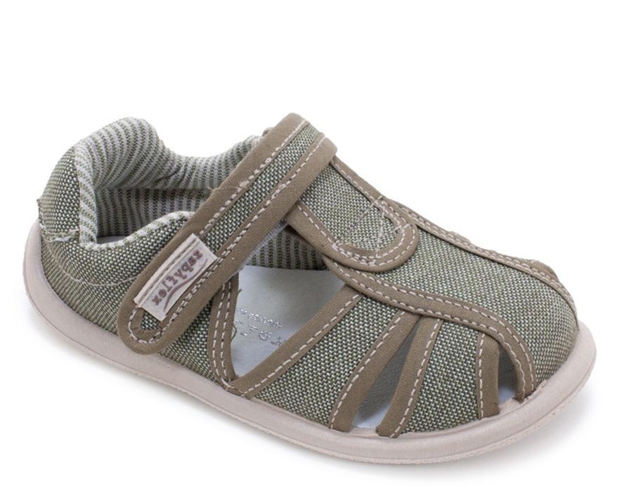 Sandalias niño barefoot Zapy modelo Sabina color verde musgo calzado respetuoso vegano Zapiflex cangrejeras de lona con cierre de tira adherente made in Spain muy comodas