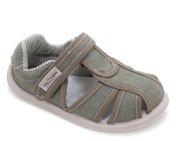 Sandalias niño barefoot Zapy modelo Sabina color verde musgo calzado respetuoso vegano Zapiflex cangrejeras de lona con cierre de tira adherente made in Spain muy comodas