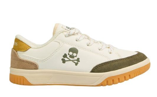 Sneakers Scalpers Old Timor kids color balanco beige con kaki y amarillo zapatillas niño Scalpers kids con cierre de cordones muy comodas y calentitas Scalpers marca de tendencia
