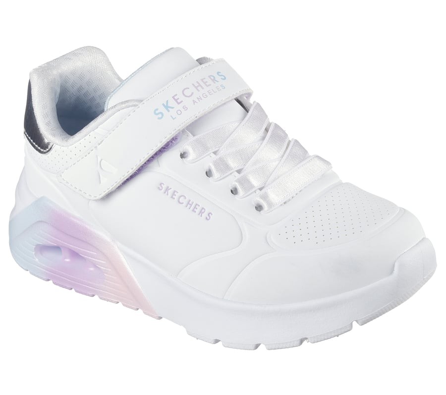 Sneakers niña Skechers Vivid Metallic Los Angeles Street color blanc0 y multicolor air cooled y memory foam zapatillas Skechers muy comodas con cierre de tira adherente y elasticos y lavables en lavadora muy trending