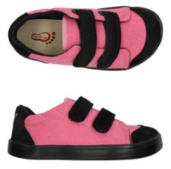 Zapatillas Bar3foot color rosa y negro calzado respetuoso barefoot muy comodos y perfectas para pies anchos con doble velcro fabricadas en la union europea