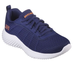 Zapatillas Skechers Karonik azul navy y logo naranja muy ligeras sneakers Skechers lavables a maquina cierre de cordones