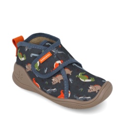 Zapatillas de Casa niño de Biomecanics color azul marino con estampado de dinosaurios pantuflas Biomecanics bioevolution de gabardina muy comodas con plantilla extraible y cierre de tira adherente avaladas por el IBV gama biohome de Biomecanics