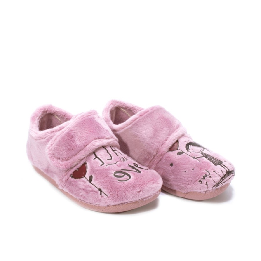 Zapatillas de casa Zapy Brucher color vino twin con niña y corazon peace and love pantuflas Zapy cerradas por detras y cierre de tira adherente para un perfecto ajuste muy comodas y calentitas para este invierno y fabricadas en España por Zapy