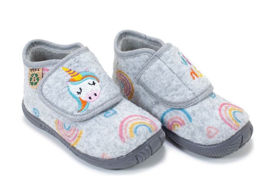 Zapatillas de casa Zapy gris twin con unicornio y arco iris plantilla de corcho reciclado con velcro pantuflas muy calentitas