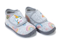 Zapatillas de casa Zapy gris twin con unicornio y arco iris plantilla de corcho reciclado con velcro pantuflas muy calentitas - Ítem