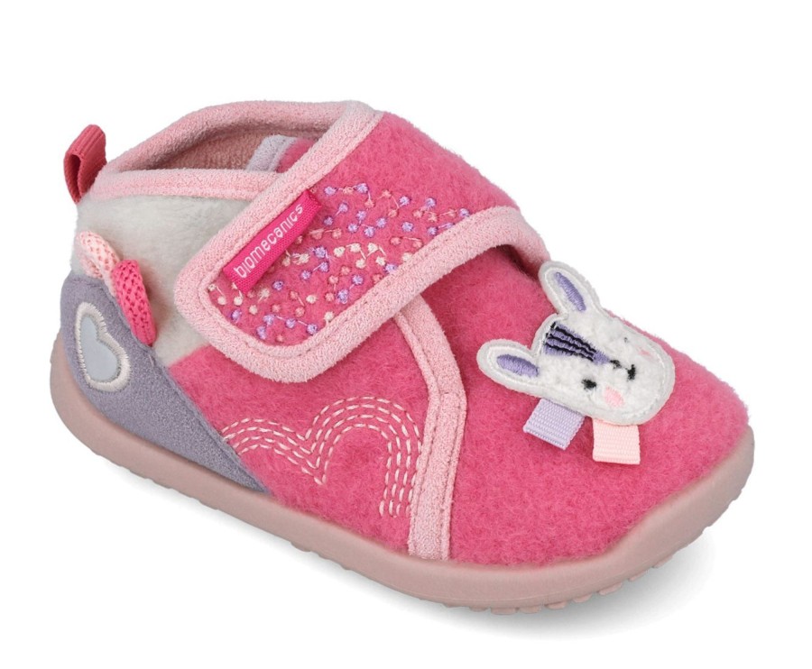Zapatillas de casa niña Biomecanics barefoot gama Biohome sensorial color rosa chicle con gatito pantuflas gama biogateo para gateo y primeros pasos muy comodas y flexibles lavables a mano