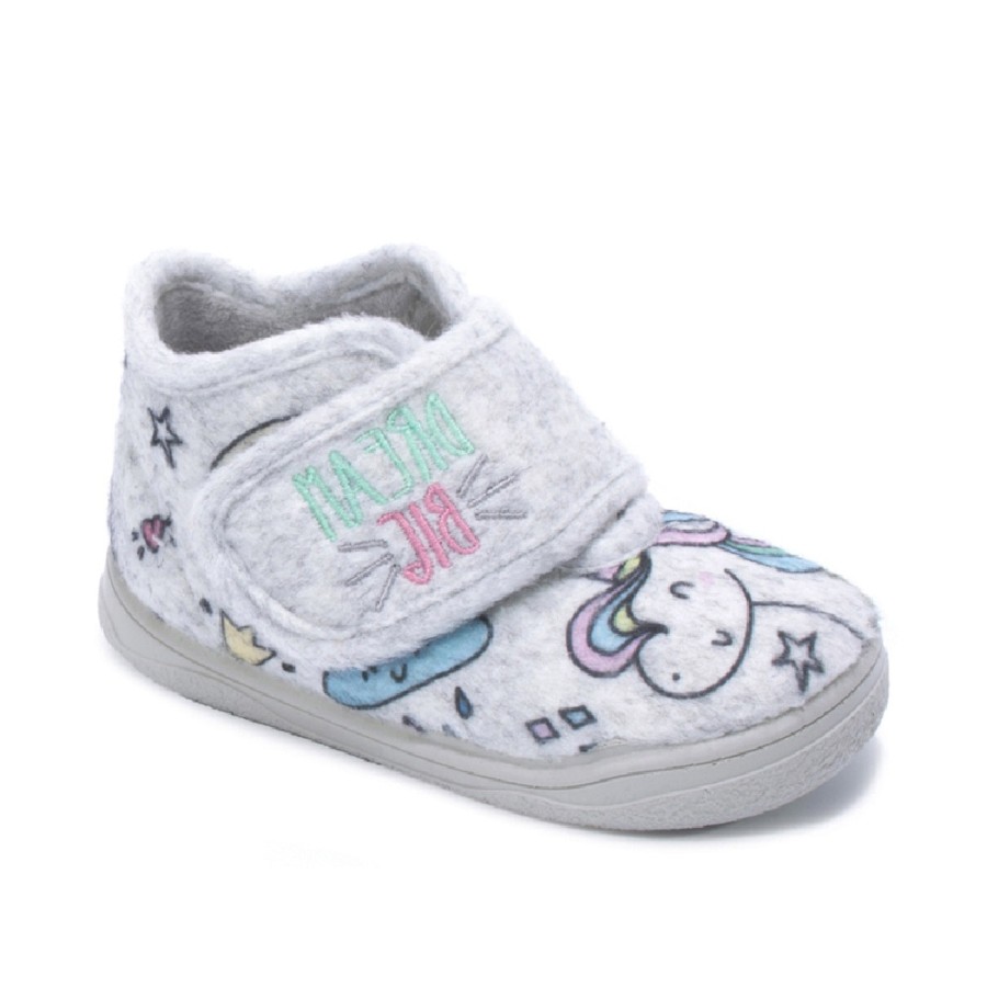 Zapatillas de casa niña Zapy barefoot color gris con estampado de unicornio y arco iris pantuflas de calzado respetuoso gama Zapyflex step easy muy comodas flexibles y calentitas con cierre de tira adherente made in Spain