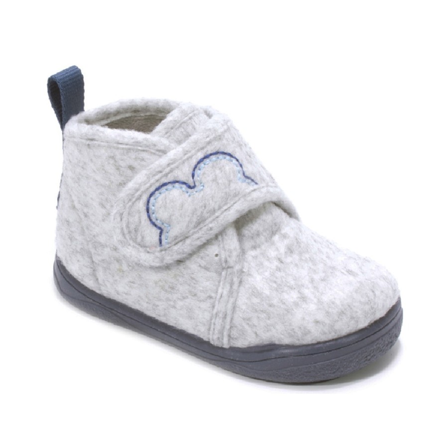 Zapatillas de casa niño Zapy barefoot color gris glace y suela azul pantuflas Zapy con cierre de tira adherente calzado respetuoso de zapyflex natural steps muy comodas flexibles y calentitas fabricadas en España