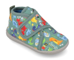 Zapatillas de casa niño de la marca Garvalin barefoot color verde con estampado de dinosaurios pantuflas para gateo y primeros pasos muy comodas flexibles y calentitas calzado respetuoso con cierre de tira adherente para perfecto ajuste by Garvalin