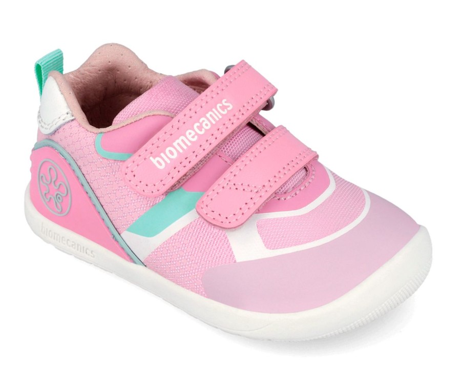 Zapatillas niña Biomecanics barefoot de rejilla color rosa verde y blanc0 zapato sport de Biomecanics calzado respetuoso con el desarrollo natural del pie para gateo y primeros pasos con cierre de doble tira adherente muy comodos y flexibles