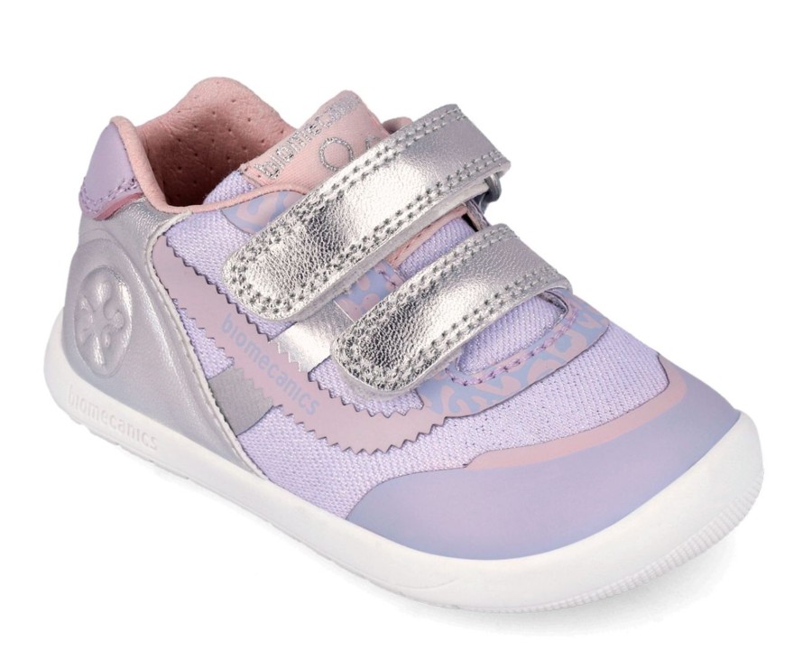 Zapatillas niña Biomecanics barefoot metalcris color plata y lila con cierre de doble tira adherente para un perfecto ajuste zapato sneakers metalizado de calzado respetuoso de Biomecanics muy comodos y flexibles y muy trending