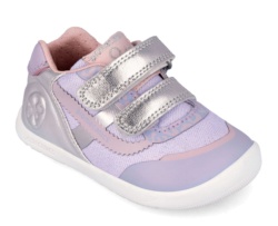 Zapatillas niña Biomecanics barefoot metalcris color plata y lila con cierre de doble tira adherente para un perfecto ajuste zapato sneakers metalizado de calzado respetuoso de Biomecanics muy comodos y flexibles y muy trending