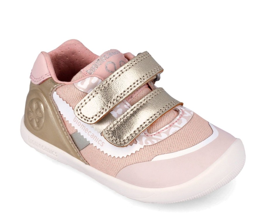 Zapatillas niña Biomecanics barefoot metalcris color platino dorado y rosa cotton con cierre de doble tira adherente para un perfecto ajuste zapato sneakers metalizado de calzado respetuoso de Biomecanics muy comodos y flexibles y muy trending