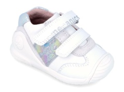 Zapatillas niña Biomecanics color blanco con franja en plata zapato casual Biomecanics de piel y textil con cierre de velcro para gateo y primeros pasos muy comodas
