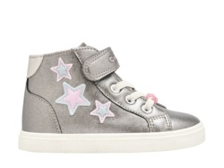 Zapatillas niña Conguitos barefoot modelo stars pewter color gris plomo con estrellas rosas zapatillas tipo bota de calzado respetuoso de Conguitos diseño Goflex combina una puntera ancha, una suela flexible y cierre de tira adherente by Conguitos
