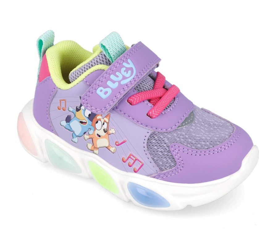 Zapatillas niña Garvalin con luces y con estampado de la franquicia Bluey y Bingo puntera reforzada cierre de tira adherente y elasticos deportivo de color lila y multicolor con luces