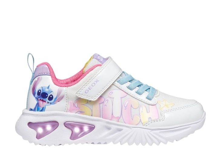 Zapatillas niña Geox Lilo&Stitch de la factoria Disneys deportivas de tela con luces en la suela de Geox respira con cierre de tira adherente y elasticos color blanc0 rosa y aqua a las peques les encantara sentirse como en la peli de Lilo & Stitch
