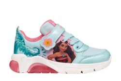 Zapatillas niña Geox Vaiana de la factoria Disneys con luces en la suela y boton on off sneakers Geox con cierre de tira adherente y elasticos color azul watersea y coral a las peques les encantara sentirse como en la peli Vaiana surcando el mar