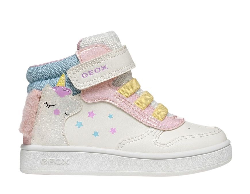 Zapatillas niña Geox modelo Eclyper baby girl color blanc0 rosa y azul con estrellas y unicornio muy bonitas zapatillas tipo bota Geox respira con cierre de tira adherente y elasticos con suela de membrana transpirable con la calidad de Geox