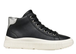 Zapatillas niña Geox tipo bota color negro y plata con suela blanca de plataforma sneakers Geox respira muy comodas con cierre de cremallera lateral y cordones