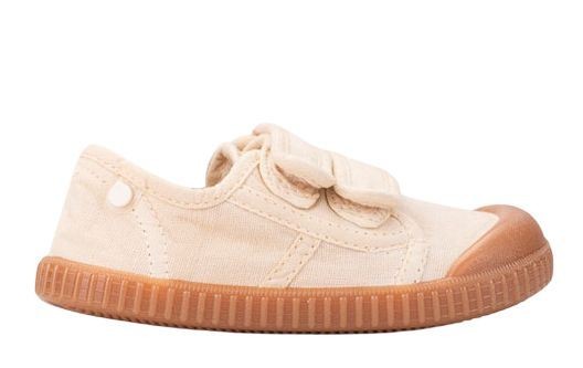 Zapatillas niña Igor barefoot modelo Berri color marfil y suela color caramelo calzado respetuoso para niño muy comodas y flexibles lonetas Igor con puntera reforzada y cierre de doble tira adherente