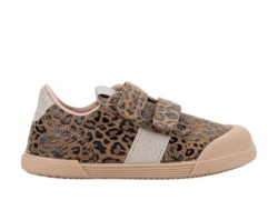 Zapatillas niña Igor barefoot modelo Tennis Leo color marron y plata glitter con estampado leopardo calzado respetuoso de piel sneakers de la marca Igor muy comodas y flexibles con puntera reforzada y cierre de doble tira adherente made in Spain