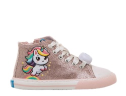 Zapatillas niña Mustang Free barefoot color Christie pink rosa con glitter y unicornio con luces en los cordones con boton on off deportivos tipo bota de Mustang calzado respetuoso con cierre de cremallera lateral y puntera reforzada