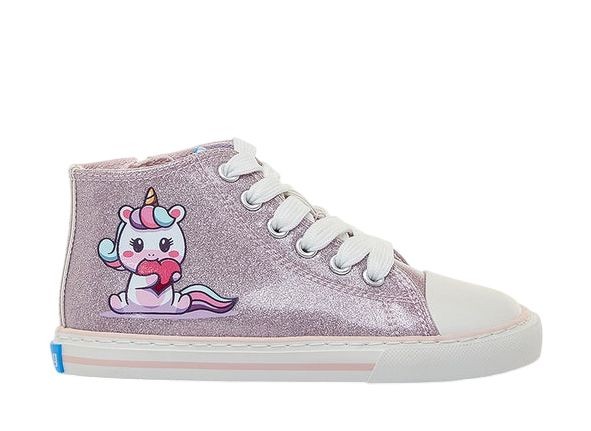 Zapatillas niña Mustang Free barefoot color Christie pink rosa con glitter y unicornio con luces en los cordones con boton on off deportivos tipo bota de Mustang calzado respetuoso con cierre de cremallera lateral y puntera reforzada by Mustang free