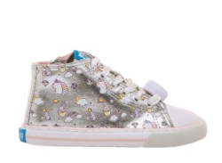 Zapatillas niña Mustang Free barefoot color Glist silver plata con estampado de unicornios y luces con boton on off deportivos tipo bota de Mustang calzado respetuoso muy comodas y flexibles con cierre de cremallera lateral y puntera reforzada