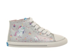 Zapatillas niña Mustang Free barefoot color Glist silver plata con estampado de unicornios y luces en los cordones con boton on off deportivos tipo bota de Mustang calzado respetuoso muy comodas y flexibles con cierre de cremallera lateral by Mustang