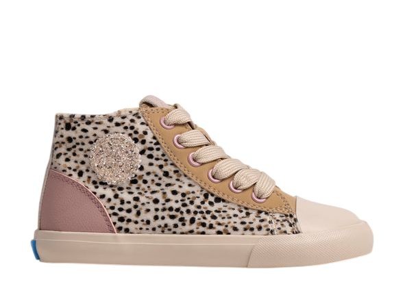 Zapatillas niña Mustang Free barefoot color Horsy white Rise rose blanco beige rosa y estampado animal print deportivos tipo bota de Mustang calzado respetuoso con cierre de cremallera lateral y cordones veganas y avaladas por el Dr Juanjo Lopez