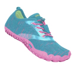 Zapatillas niña Saguaro modelo Smart I color aguamarina y fucsia carpines deportivos barefoot para playa piscina o montaña calzado respetuoso de la marca Saguaro con cierre de elasticos muy comodos flexibles y anatomicos
