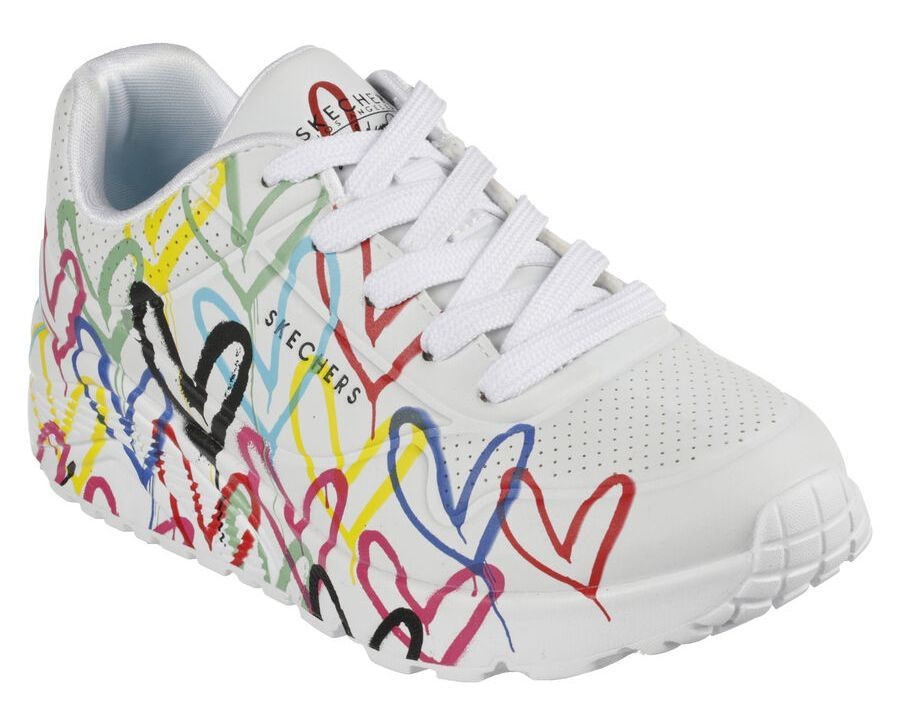 Zapatillas niña Skechers James Goldcrown Los Angeles sneakers color balanco y estampado corazones multicolor con cierre de cordones y sitema air cooled y memory foam ligeras y muy comodas lavables a maquina