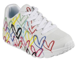 Zapatillas niña Skechers James Goldcrown Los Angeles sneakers color balanco y estampado corazones multicolor con cierre de cordones y sitema air cooled y memory foam ligeras y muy comodas lavables a maquina