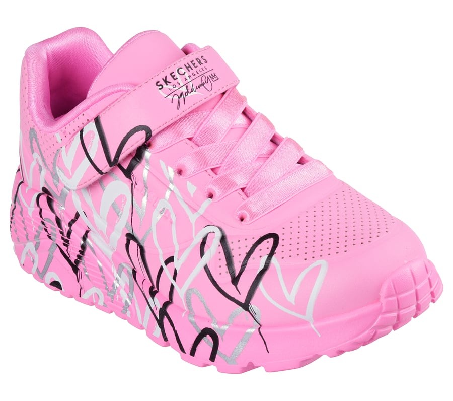 Zapatillas niña Skechers Love Levitate James Goldcrown Los Angeles sneakers color rosa y estampado corazones multicolor plata y negro con cierre de tira adherente y elasticos lavables en lavadora y con sistema easy on easy off